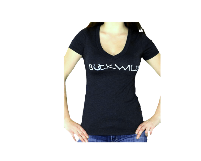 Model wears: v-neck t-shirt with Buckwild logo front.  Back of shirt reads "If you can see this, put me back on my horse" written upside down. 