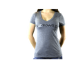 Model wears gray v-neck t-shirt with Buckwild logo front.  Back of shirt reads "If you can see this, put me back on my horse" written upside down. 