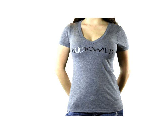 Model wears gray v-neck t-shirt with Buckwild logo front.  Back of shirt reads "If you can see this, put me back on my horse" written upside down. 