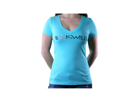 Model wears v-neck t-shirt with Buckwild logo front.  Back of shirt reads "If you can see this, put me back on my horse" written upside down. 
