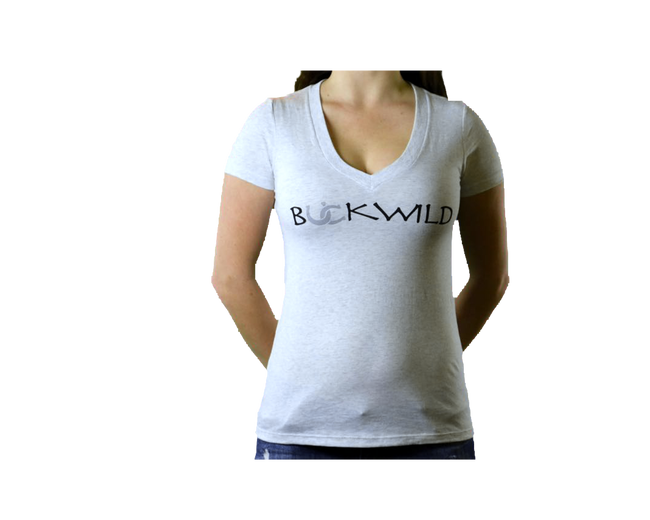 Model wears heather gray v-neck t-shirt with Buckwild logo front.  Back of shirt reads "If you can see this, put me back on my horse" written upside down. 