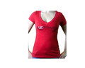 Model wears red v-neck t-shirt with Buckwild logo front.  Back of shirt reads "If you can see this, put me back on my horse" written upside down. 