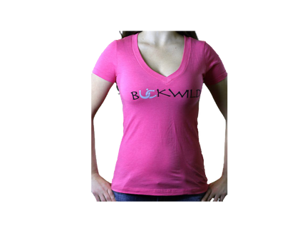 Model wears v-neck t-shirt with Buckwild logo front.  Back of shirt reads "If you can see this, put me back on my horse" written upside down. 