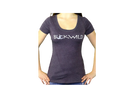 Model wears women's scoop neck t-shirt with Buckwild logo front.  Back of shirt reads "If you can see this, put me back on my horse" written upside down. 