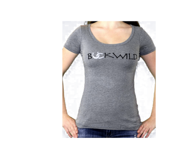 Model wears ladies gray scoop neck t-shirt with Buckwild logo front. 