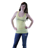 Model wears yellow/ banana cream racer back tank top with Buckwild logo front.