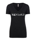 Ladies Equestrian Apparel: v-neck t-shirt with Buckwild logo front.  Back of shirt reads "If you can see this, put me back on my horse" written upside down. 
