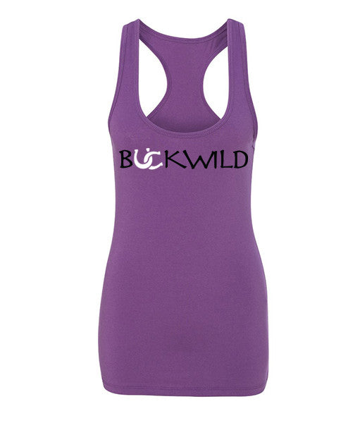 Women's Riding Apparel: Purple racer back tank top with Buckwild logo front. 