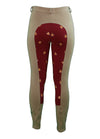 Back View - Women's tan breeches with full seat in red and fox print pattern