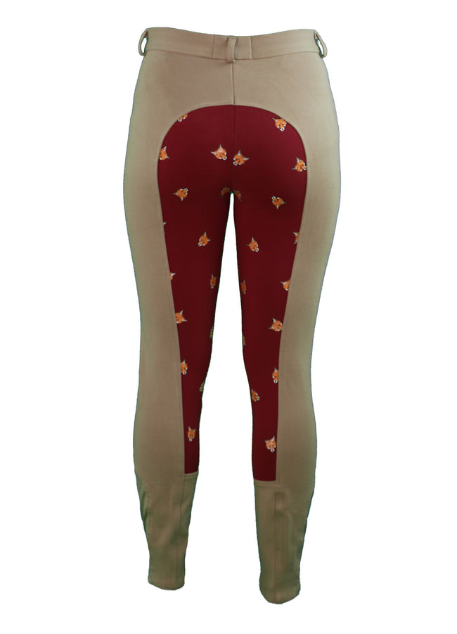 Back  View - Women's tan breeches with full seat in red and fox print pattern - part of the curvy mare womens riding apparel collection.