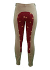 Back  View - Women's tan breeches with full seat in red and fox print pattern - part of the curvy mare womens riding apparel collection.