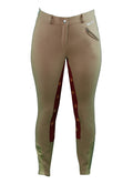 Front View - Women's tan breeches with full seat in red and fox print pattern