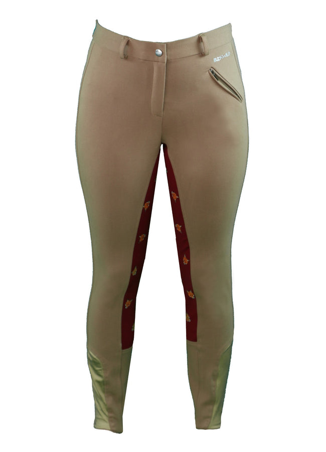 Front  View - Women's tan breeches with full seat in red and fox print pattern - part of the curvy mare womens riding apparel collection.