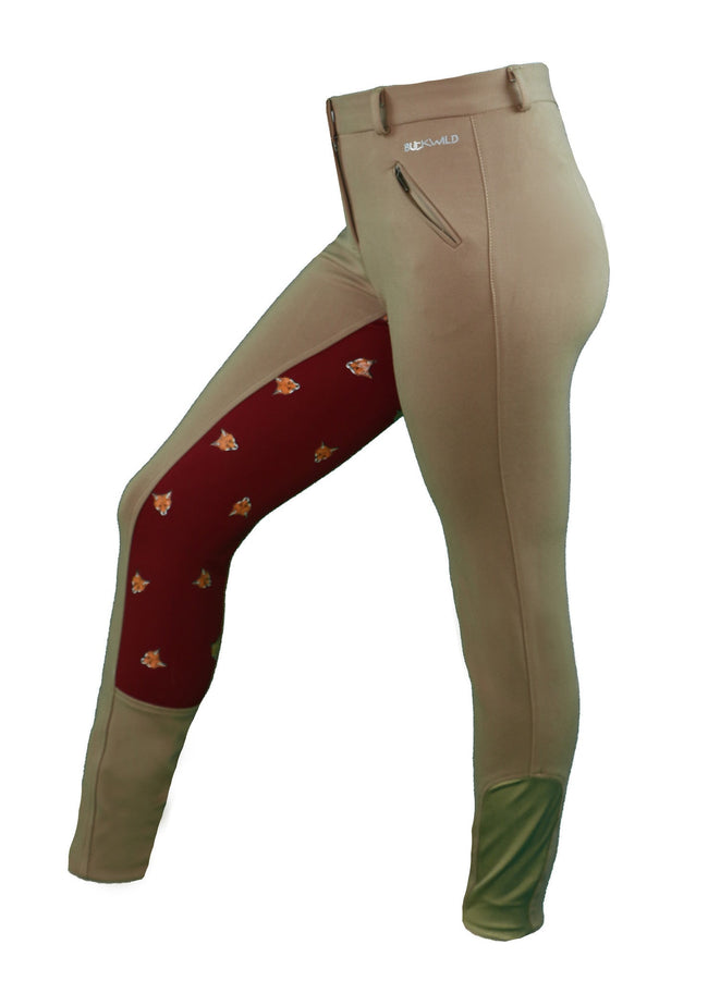 Side View - Women's tan breeches with full seat in red and fox print pattern - part of the curvy mare womens riding apparel collection.