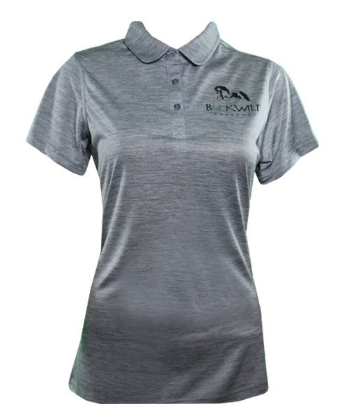 Gray Fitted Women's Polo Shirt with Buckwild Logo. Great as for riding lessons or for everyday.Buckwild 3 button Polo