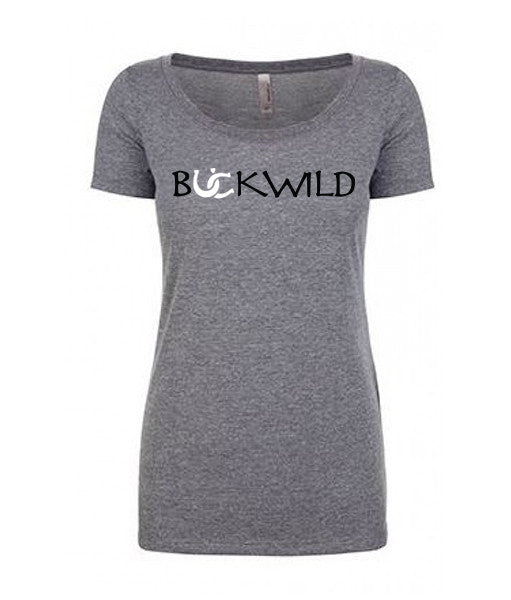 Ladies Equestrian Apparel: gray scoop neck t-shirt with Buckwild logo front. 