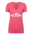 Women's Vintage Pink V-Neck Tee with Buckwild Logo with text "I like my horse better than most people"