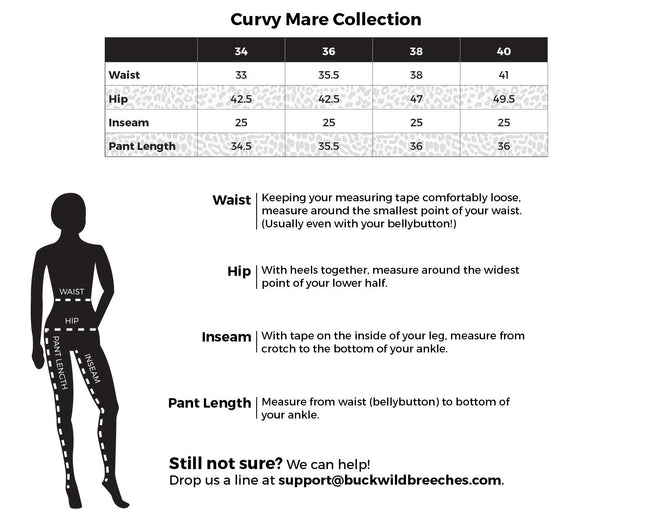Ladies riding apparel size chart with measurements for Curvy Mare Collection.