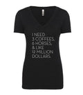 Women's Riding Apparel: Black V-Neck Tee with text "I need 3 coffees, 6 horses and like 12 millions dollars" 