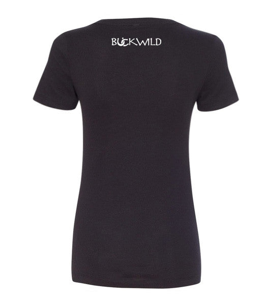 Back view of: Black V-Neck Tee with text "I need 3 coffees, 6 horses and like 12 millions dollars" which has Buckwild logo 